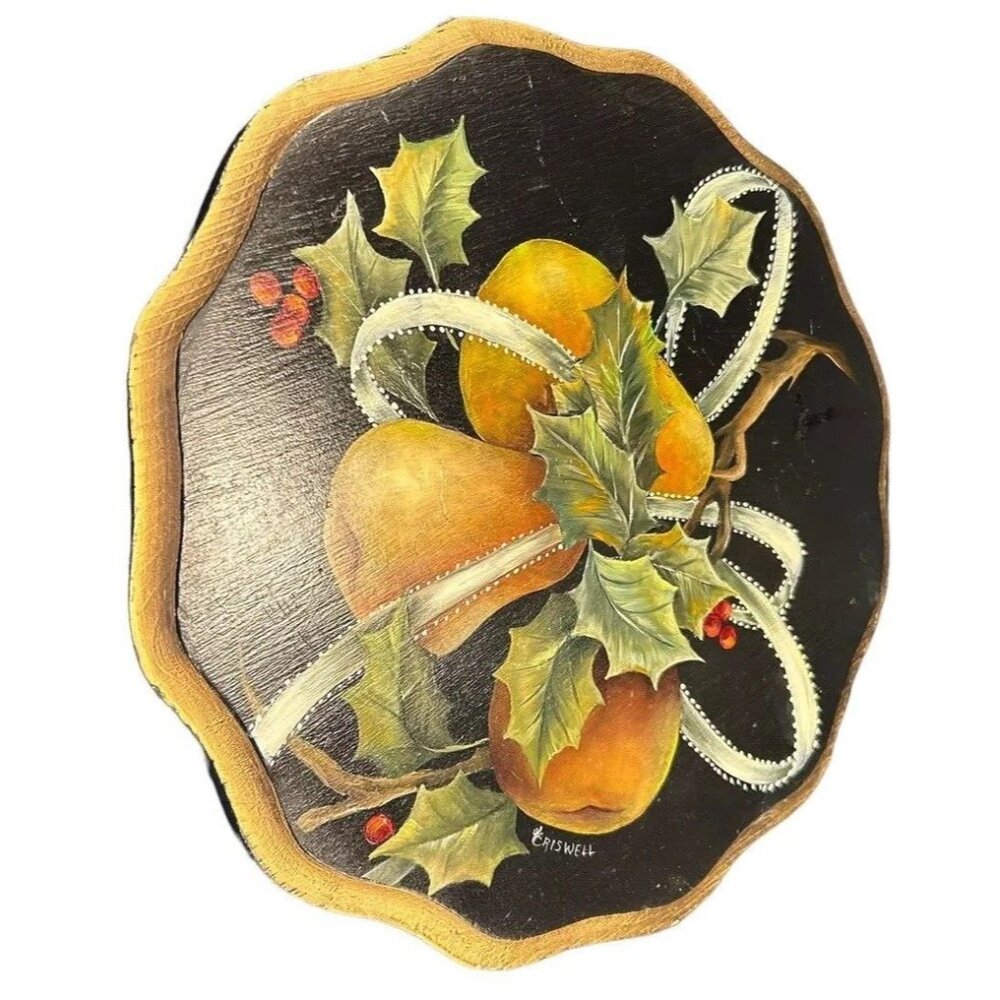 Vintage Wood Hand Painted Tole Plant Decor Display Stand 13" Pears Black Gold